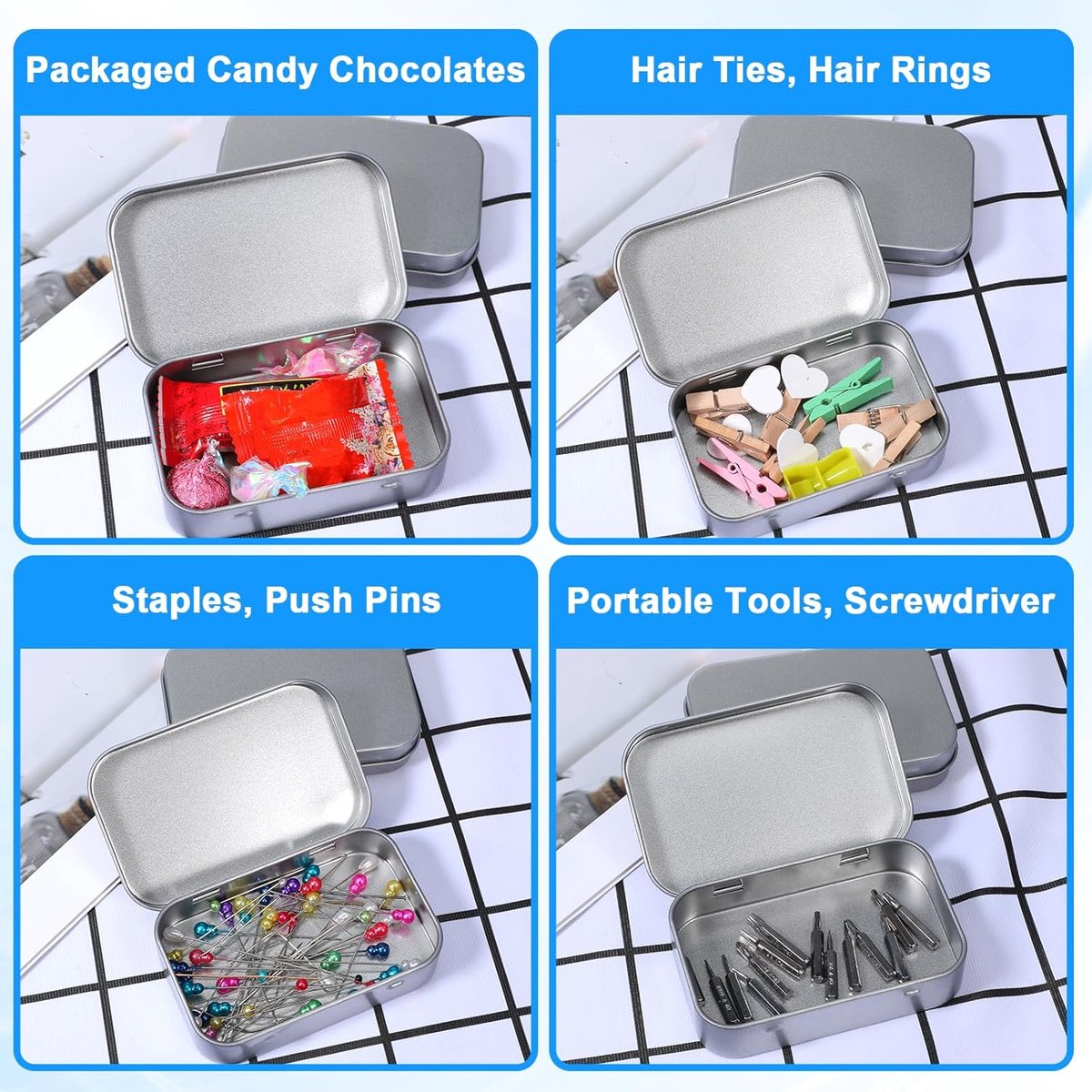 Mini Tin Cans - Pack of 3 - Storage Box - Metal - Hinged Tin Can - With Lid - Rectangular Tin Can - Mini Portable Box - Suitable for Home, Office, Outings and Travel - 95x60x20mm - Silver - Image 4