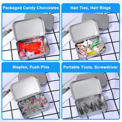 Mini Tin Cans - Pack of 3 - Storage Box - Metal - Hinged Tin Can - With Lid - Rectangular Tin Can - Mini Portable Box - Suitable for Home, Office, Outings and Travel - 95x60x20mm - Silver - Image 4