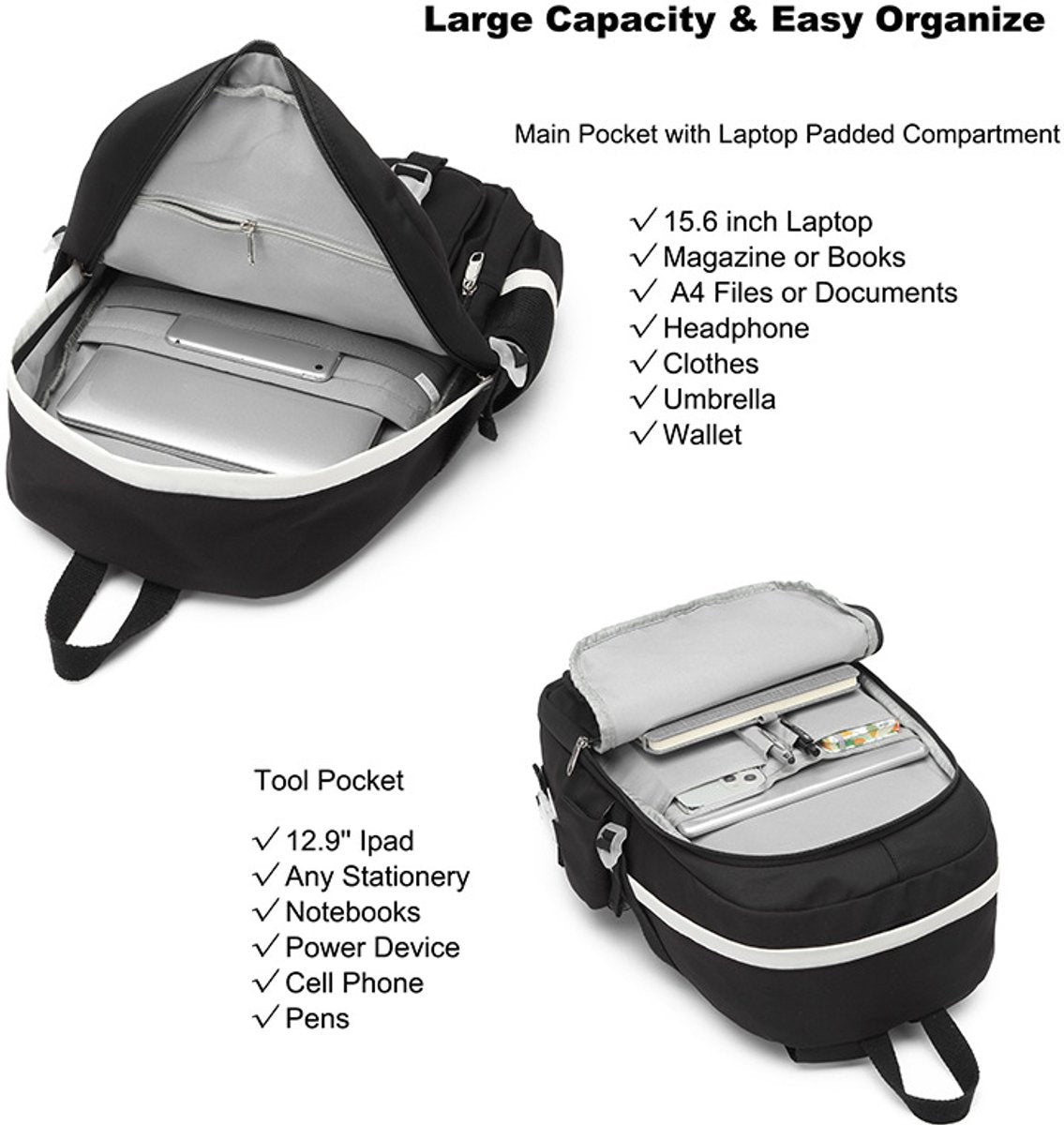 Backpack - School Bag - Backpack - Girl Backpack - School Backpack - School Bag - Laptop Backpack - 30 Liters - BlackA - Image 2