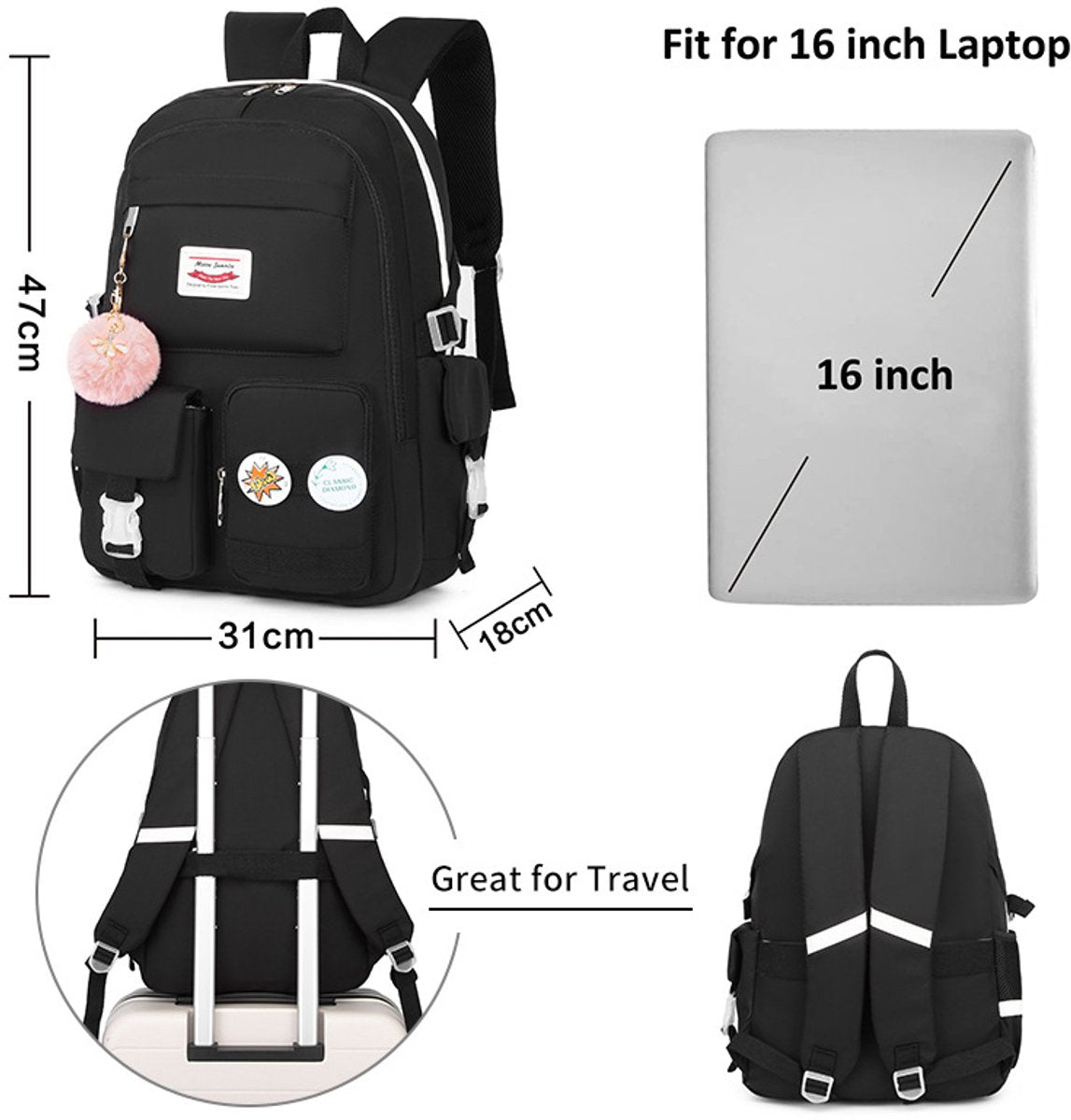 Backpack - School Bag - Backpack - Girl Backpack - School Backpack - School Bag - Laptop Backpack - 30 Liters - BlackA - Image 5