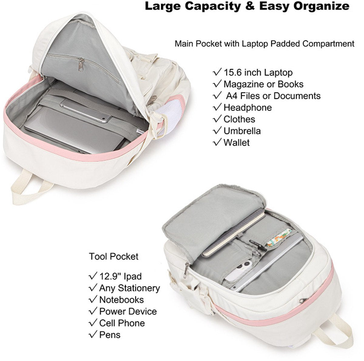 Backpack - School Bag - Backpack - Girl Backpack - School Backpack - School Bag - Laptop Backpack - 30 Liters - WhiteB - Image 4