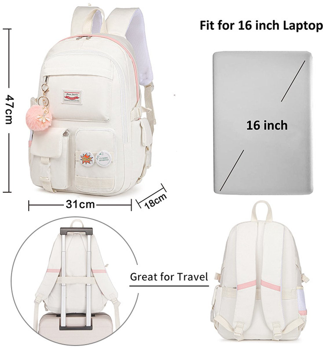 Backpack - School Bag - Backpack - Girl Backpack - School Backpack - School Bag - Laptop Backpack - 30 Liters - WhiteB - Image 5