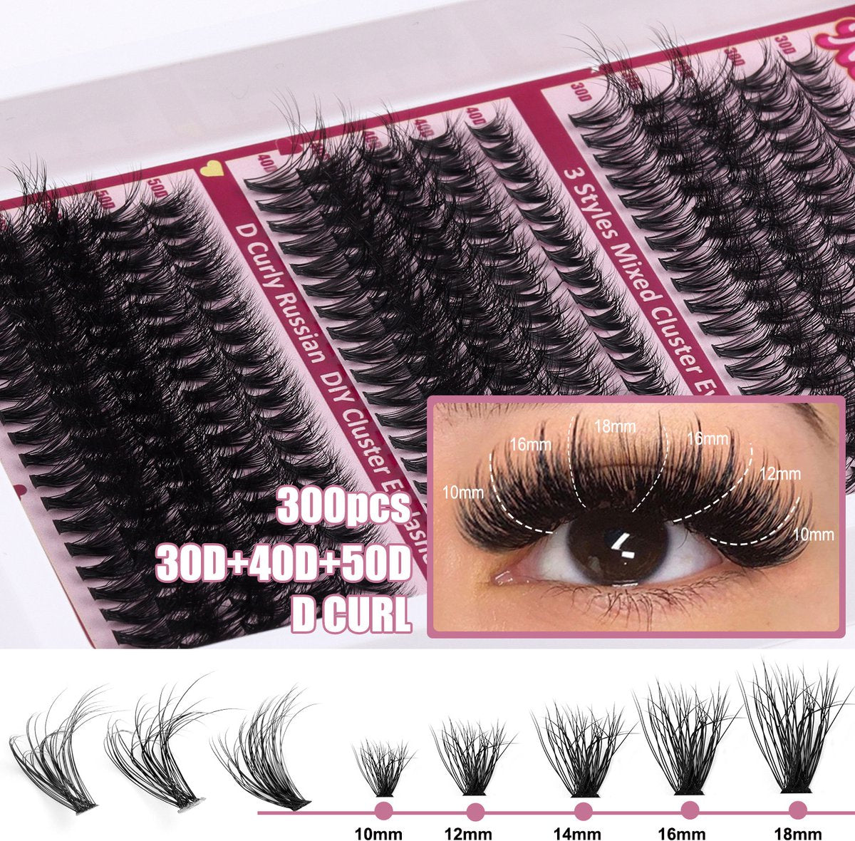 False eyelashes - 300 pieces - 30D + 40D + 50D - 10-18 mm D curl - Pre-Made Volume Fans - Pre-Made Fans - Eyelash extensions - Cluster - Lashes - Natural - Pieces of lashes - DIY lashes - Image 5