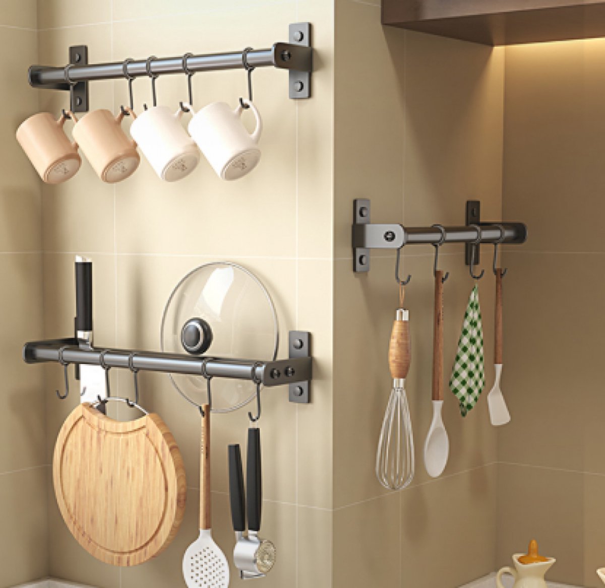 Kitchen hooks - with 5 hooks - hanging rail kitchen rail wall bracket - Kitchen organizer - To hang spatulas, soup spoons or knives - Towel rack - Hanging rack - Hanging hooks - Wall hooks - gun grey - 40cm - stainless steel - Image 2