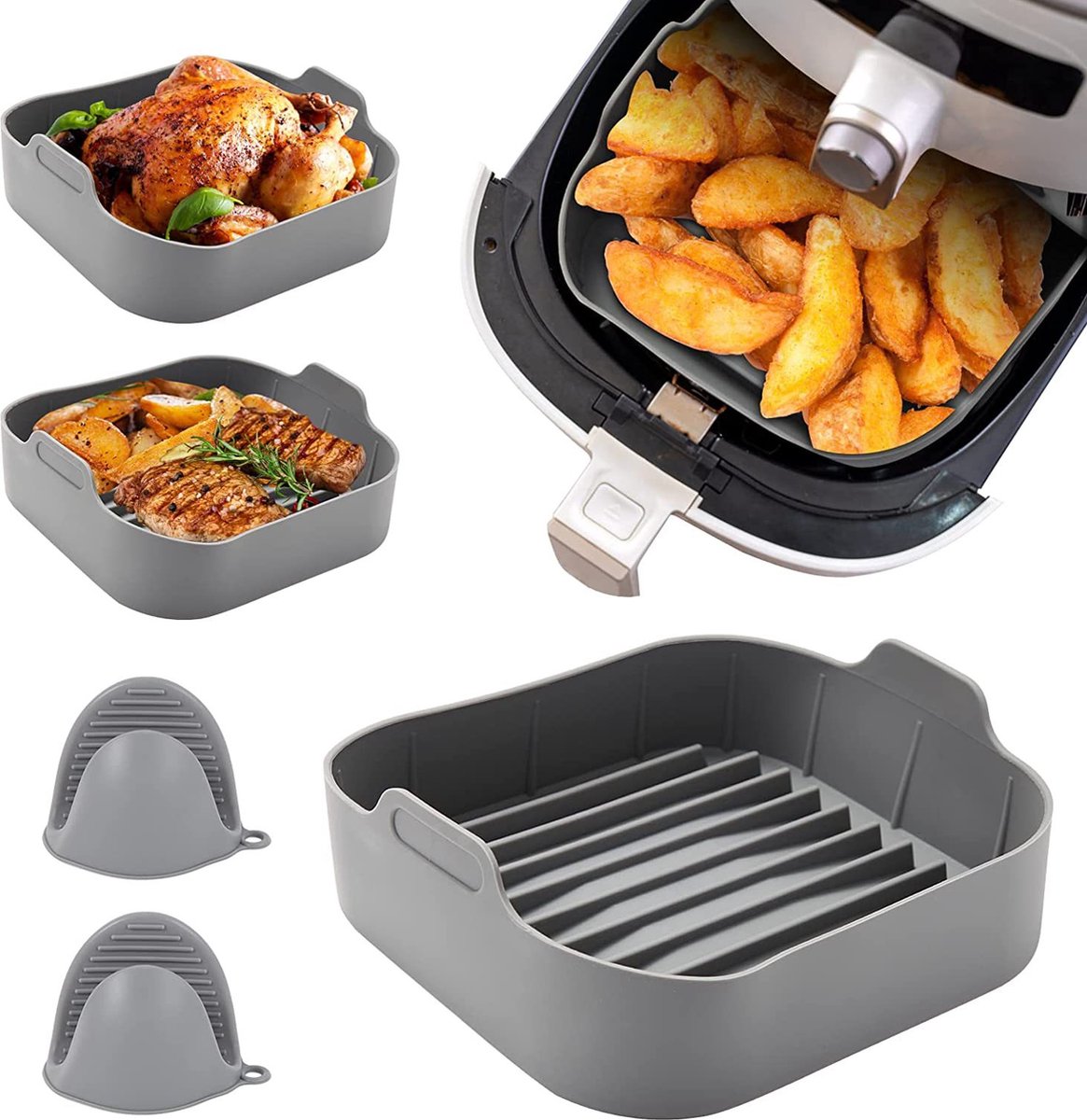 Airfryer accessories - Silicone baking dish - Hot air fryer - Baking tins - Baking paper alternative - Basket baking tin - 20 CM - including gloves and oil brush - gray - Accessories - Image 6