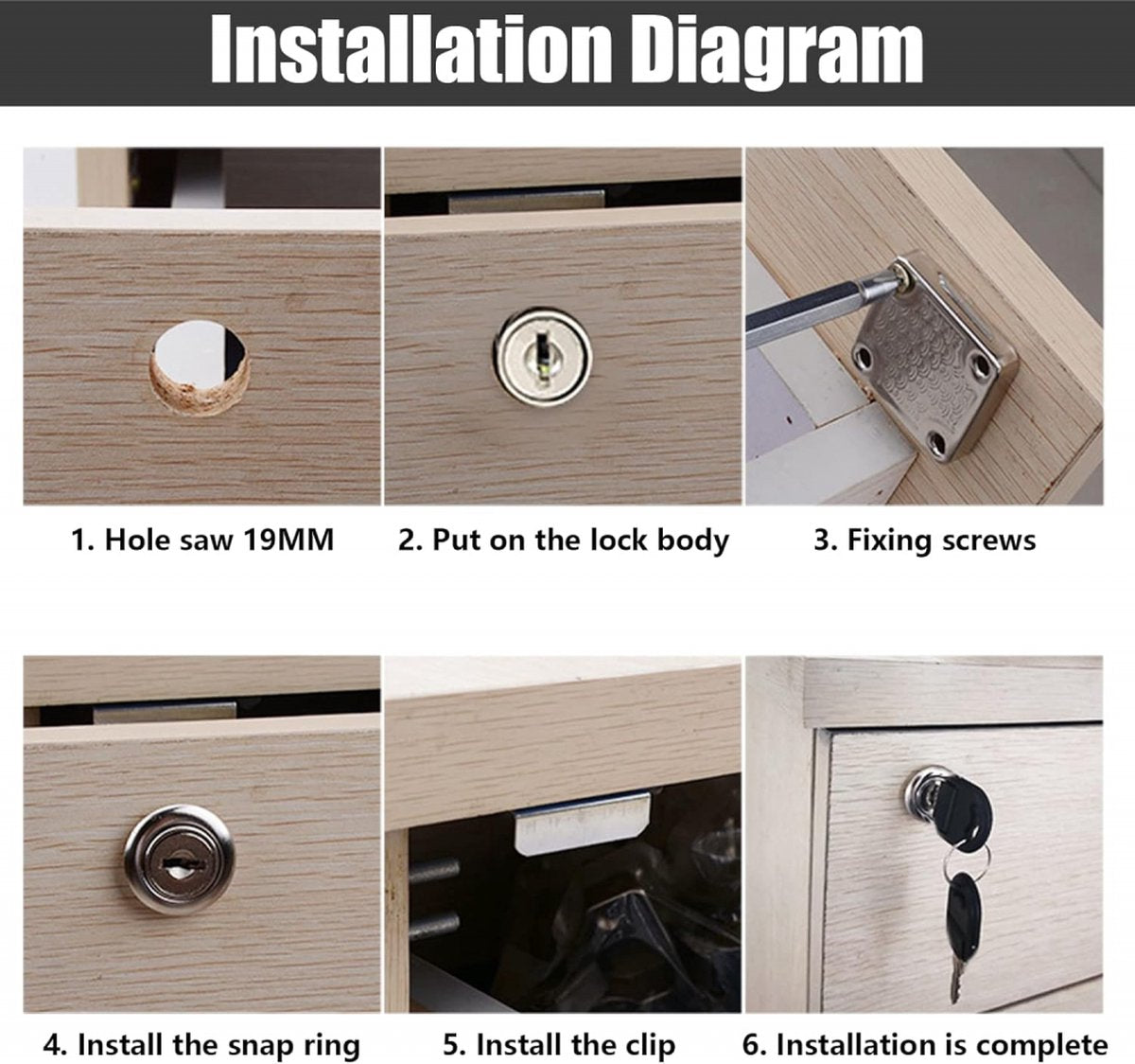 pieces - Cam Lock - furniture lock - Furniture locks - letterbox lock - security cabinet lock - drawer lock - lock with key - black - cold-rolled steel - for furniture cabinet letterbox drawer - Image 5