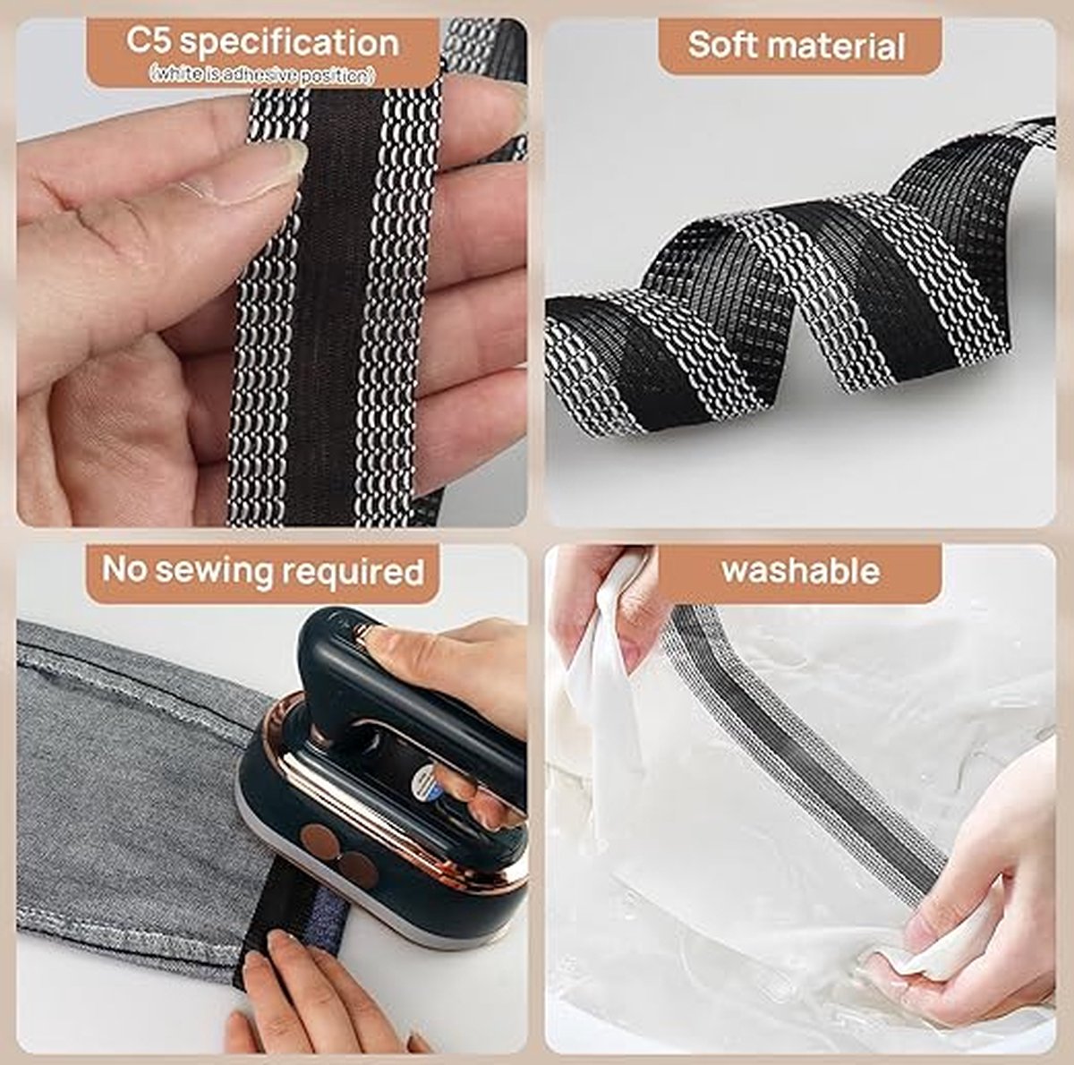 Iron-on tape - Shorten trousers - Shortening hem tape - Black - 5 meters - Image 3