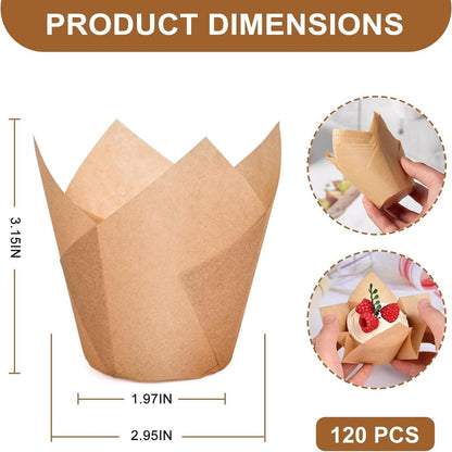 Set of 120 Paper Muffin Cups - Tulip Design - Food Grade Baking Paper - Non-Stick - High Temperature Resistant - For Wedding, Kids Birthday Party Supplies - Image 3