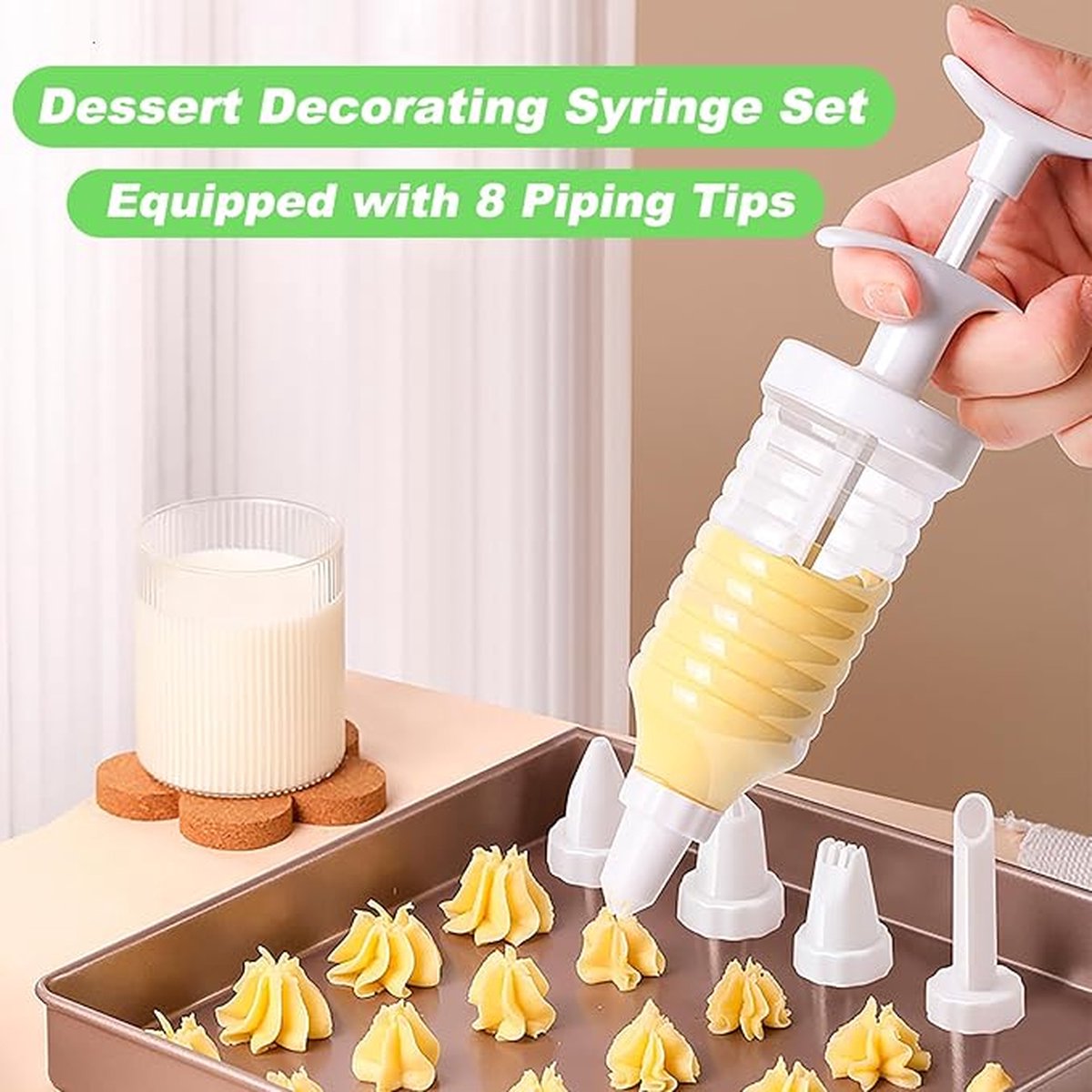 Set of 9 pieces - Piping tips - Garnishing syringe - with 8 piping tips - Whipped cream syringe - cupcake - decoration set - cake - decoration - Reusable - plastic - 15.6*6.4cm - white - Image 2