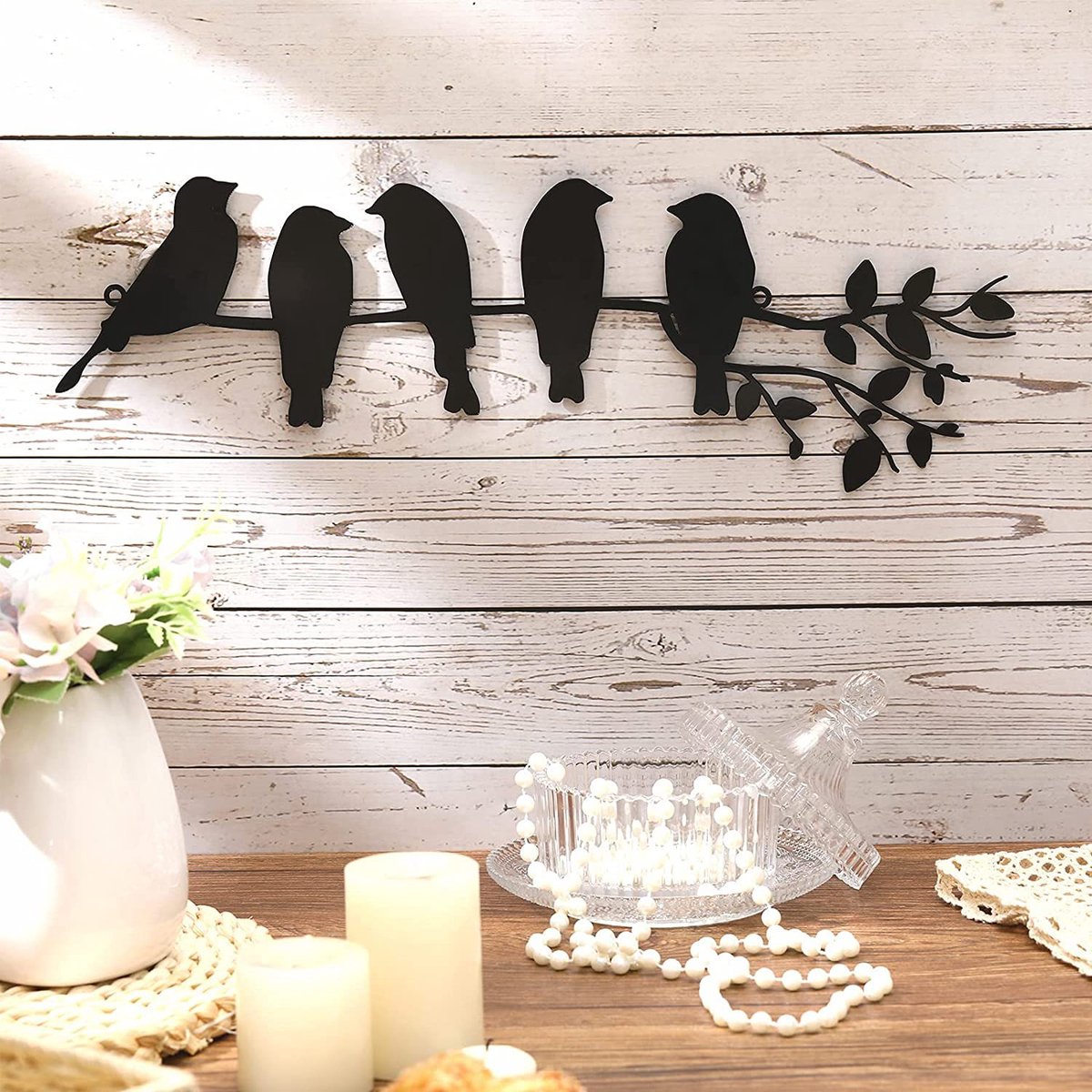 Birds on a branch wall decoration metal wall decoration iron 5 birds black hollow sculpture decor hanging ornament rustic hanging sign for living room office home - Image 3