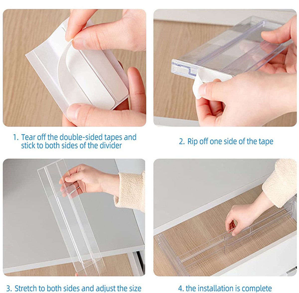 Drawer divider - 4 pieces - Drawer divider - Drawer organizer - Tools - Adjustable/extendable (27.5-52 cm) - For Clothes/Kitchen/Bathroom/Wardrobe - Transparent - Plastic - Image 5