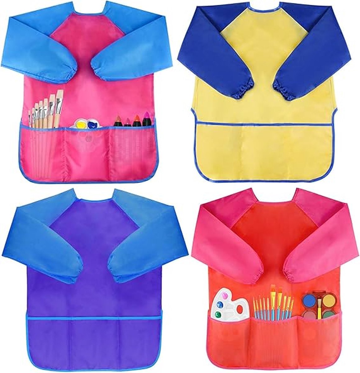 4 pieces - Children's apron - apron - Painting apron - Painting apron - craft apron - color - Long sleeves - waterproof - with 3 pockets - Art smocks - Clothing protector