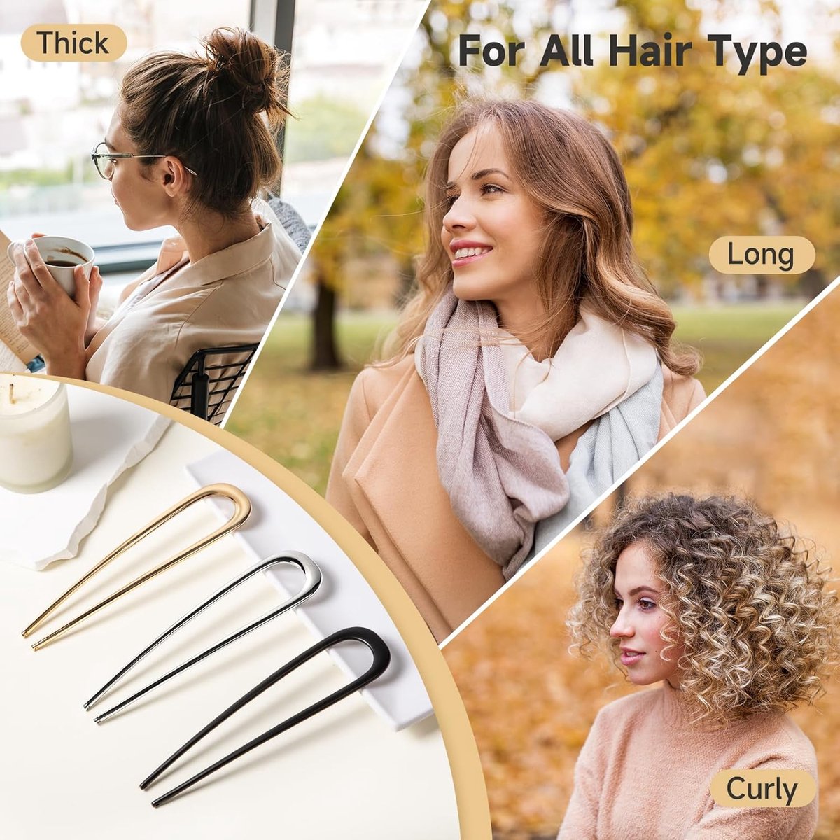U-Shaped Hairpin - 3 Pieces - Hair Pin - Metal - U-Shaped Large Hairpins - Hair Jewelry - Elegant Updo Chignon Pins - Updo Hair Sticks - For Women - 14cm - Gold/Silver/Black - Image 5