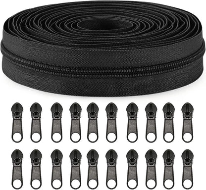 Zippers - 1 Roll - Zipper - Includes 20 Replacement Zippers - Nylon - Metal - Replacement Zipper Set - Zipper Closure Repair Kit - Suitable for Bags, Clothing and Bedding - 10m*2.7cm - Black