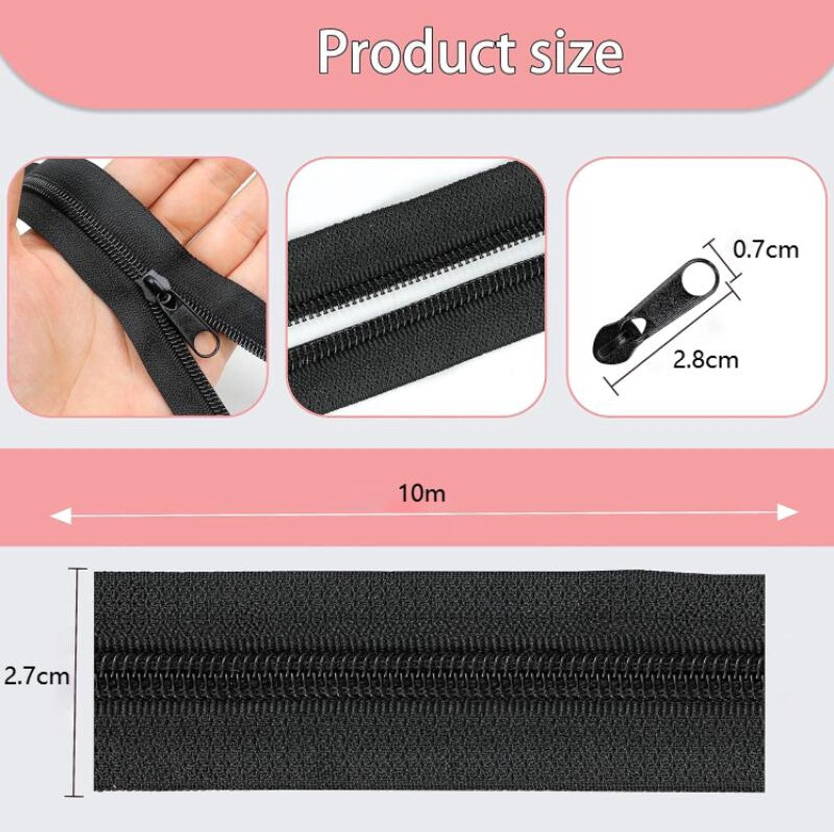 Zippers - 1 Roll - Zipper - Includes 20 Replacement Zippers - Nylon - Metal - Replacement Zipper Set - Zipper Closure Repair Kit - Suitable for Bags, Clothing and Bedding - 10m*2.7cm - Black - Image 3