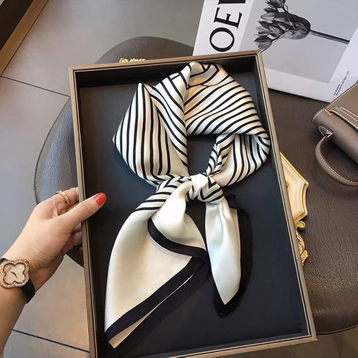 Women's Scarf - Scarves - Stole - Square Scarf - Satin Silk - Polyester - 70*70 cm - Black and White - Fashion Scarves - Image 5