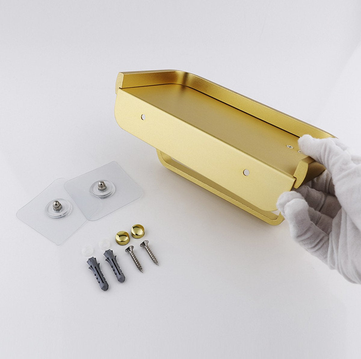 Toilet roll holder - WC roll holder - space aluminum - gold - Self-adhesive / Drilling - double layer - With shelf - 16.7 * 9.5 * 6.2 cm - Image 3