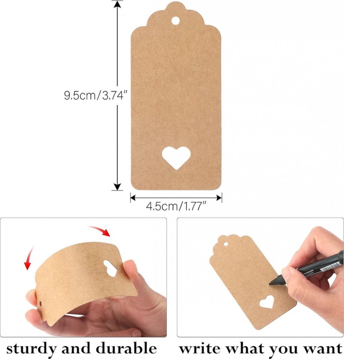 100x Kraft Cardboard Labels - With 100 Jute Rope - Gift Tags - 9.5 x 4.5 CM - Heart - Writable - Cardboard Gift Labels - Kraft Paper Name Tags - Blank Price Tags - Gift Tags - Multifunctional Label - Thick & Sturdy - Image 3