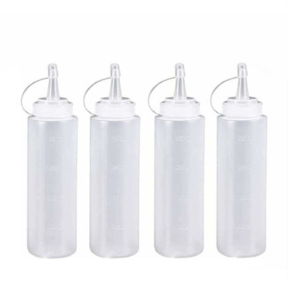 4 pieces - 200 ml - Dosing bottle - Squeeze bottle - Sauce bottle - Garnish bottle - Plastic - White - with spout cap - Leak-proof lids - With check marks - For garnish, sauce or batter