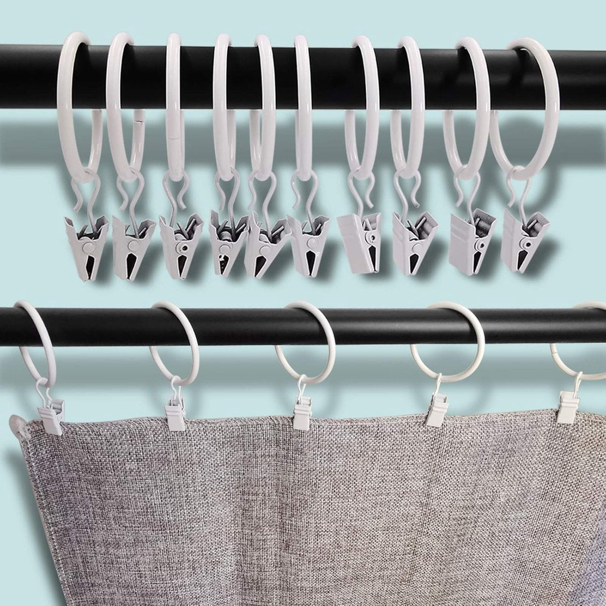 Curtain rings - 45 pieces - Inner diameter 3.8CM - White - Curtain clips for curtain rods - Metal clamps with clip - Hooks for shower curtains, towels, tea towels and dishcloths - Curtain hooks - Curtain hooks - Image 4