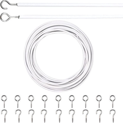 Curtain spiral wire - 10M - Curtain cable - with screw eyes and hooks - 25 sheep eye circles and 25 question mark nails - Spiral wire set - curtain cable line for clothing - Tension spring - white - Metal - for curtain rods, curtains, shower curtains