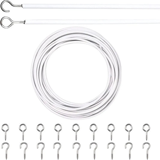 Curtain spiral wire - 10M - Curtain cable - with screw eyes and hooks - 25 sheep eye circles and 25 question mark nails - Spiral wire set - curtain cable line for clothing - Tension spring - white - Metal - for curtain rods, curtains, shower curtains