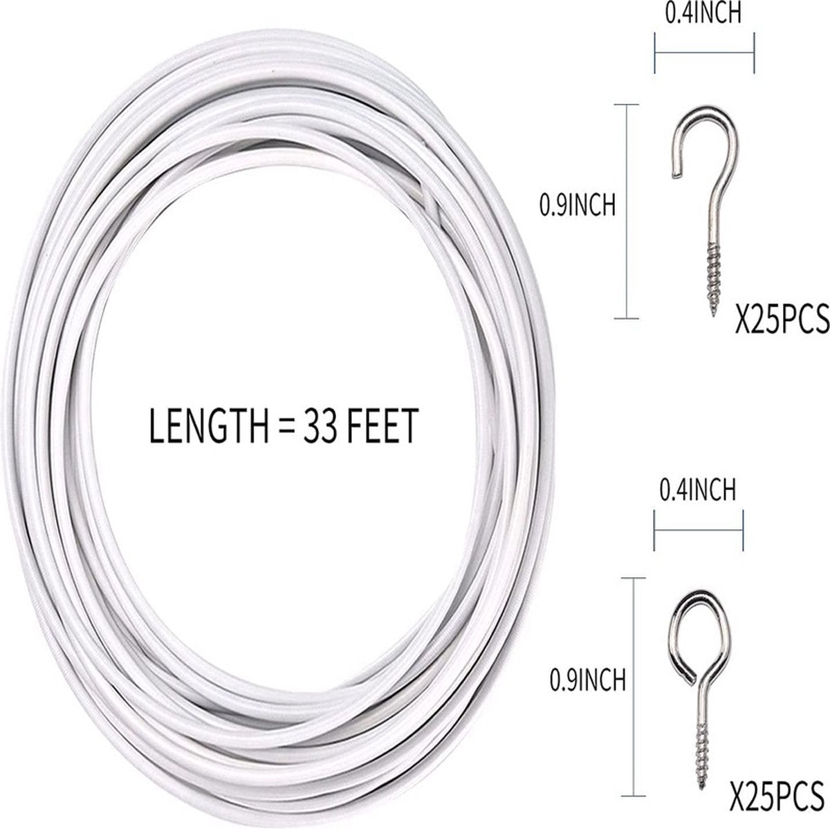 Curtain spiral wire - 10M - Curtain cable - with screw eyes and hooks - 25 sheep eye circles and 25 question mark nails - Spiral wire set - curtain cable line for clothing - Tension spring - white - Metal - for curtain rods, curtains, shower curtains - Image 4