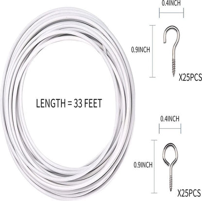 Curtain spiral wire - 10M - Curtain cable - with screw eyes and hooks - 25 sheep eye circles and 25 question mark nails - Spiral wire set - curtain cable line for clothing - Tension spring - white - Metal - for curtain rods, curtains, shower curtains - Image 4