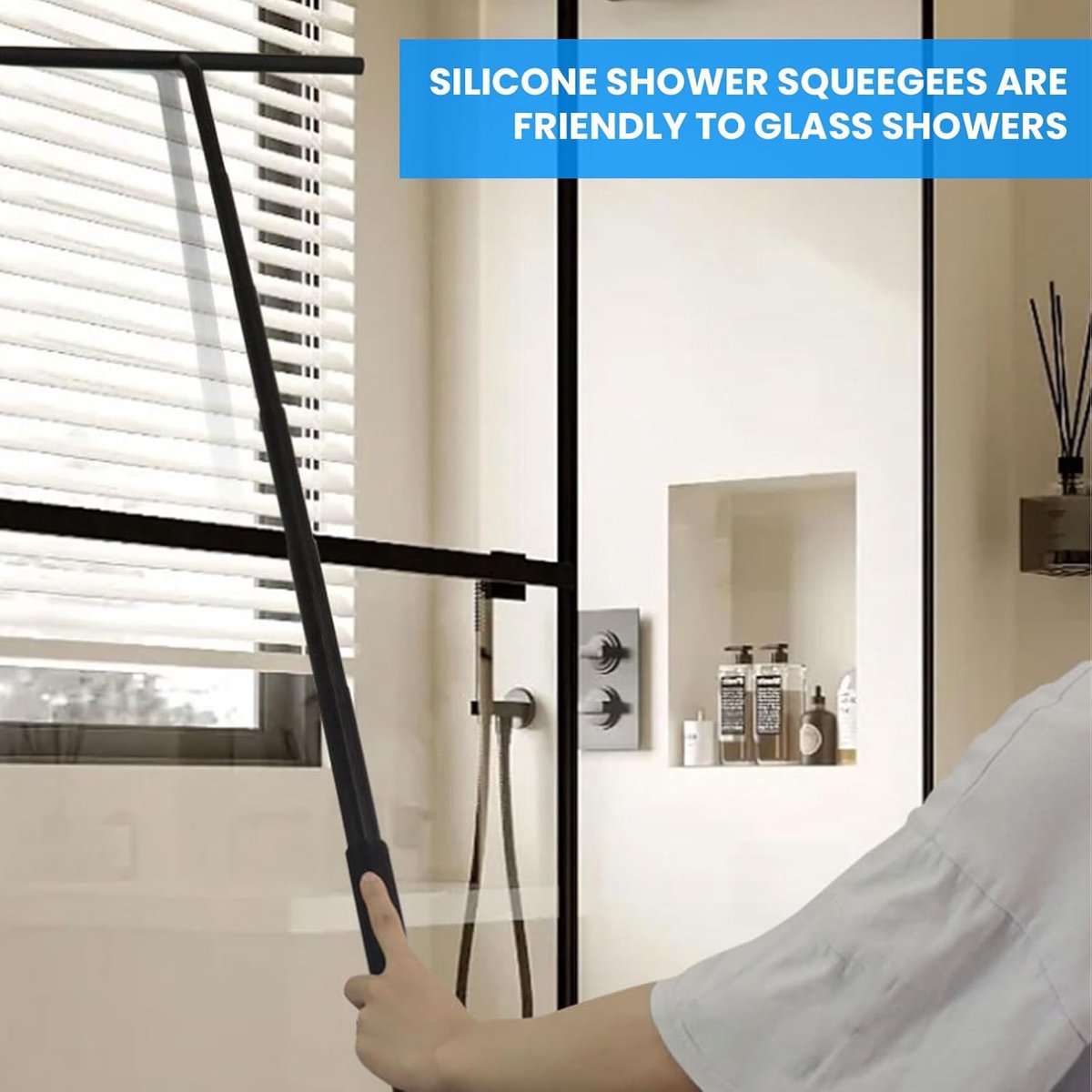 Extendable Shower Squeegee - Shower Squeegee with Holder - Squeegee Shower with 97 cm Telescopic Rod - Aluminum + Silicone - Squeegee - Window Squeegee Shower Squeegee - Squeegee Shower for Shower Doors, Mirrors, Windows, Tiles, Car Windows, Glass Cleanin - Image 2