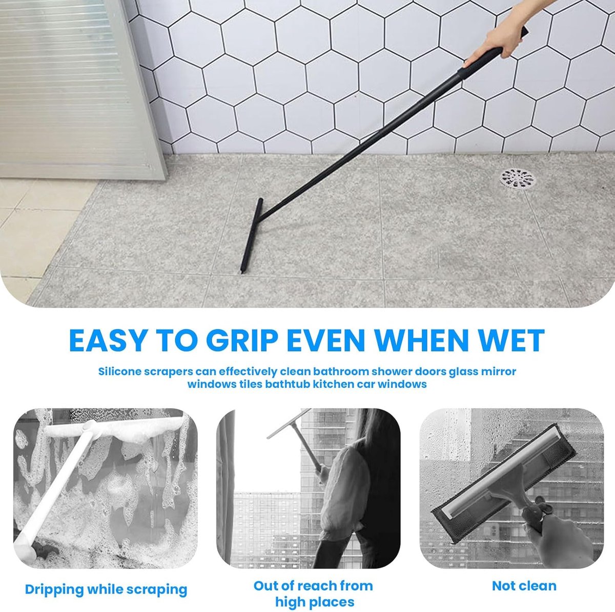 Extendable Shower Squeegee - Shower Squeegee with Holder - Squeegee Shower with 97 cm Telescopic Rod - Aluminum + Silicone - Squeegee - Window Squeegee Shower Squeegee - Squeegee Shower for Shower Doors, Mirrors, Windows, Tiles, Car Windows, Glass Cleanin - Image 4