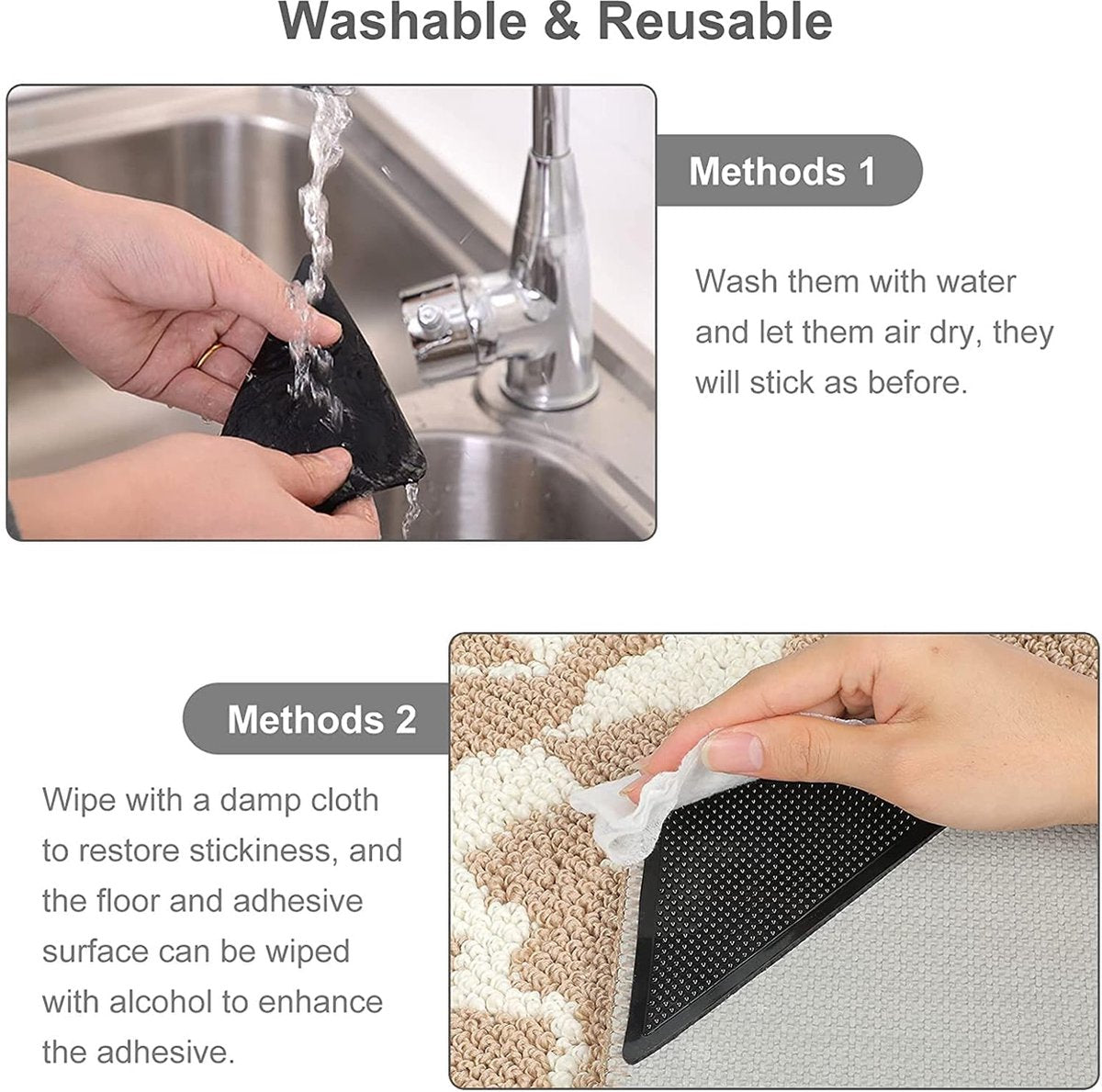 Anti-slip corners - Carpet tape - Carpet grippers - 8 pieces - Anti-slip mat, rug, carpet - Reusable pads - Self-adhesive double-sided - Image 3