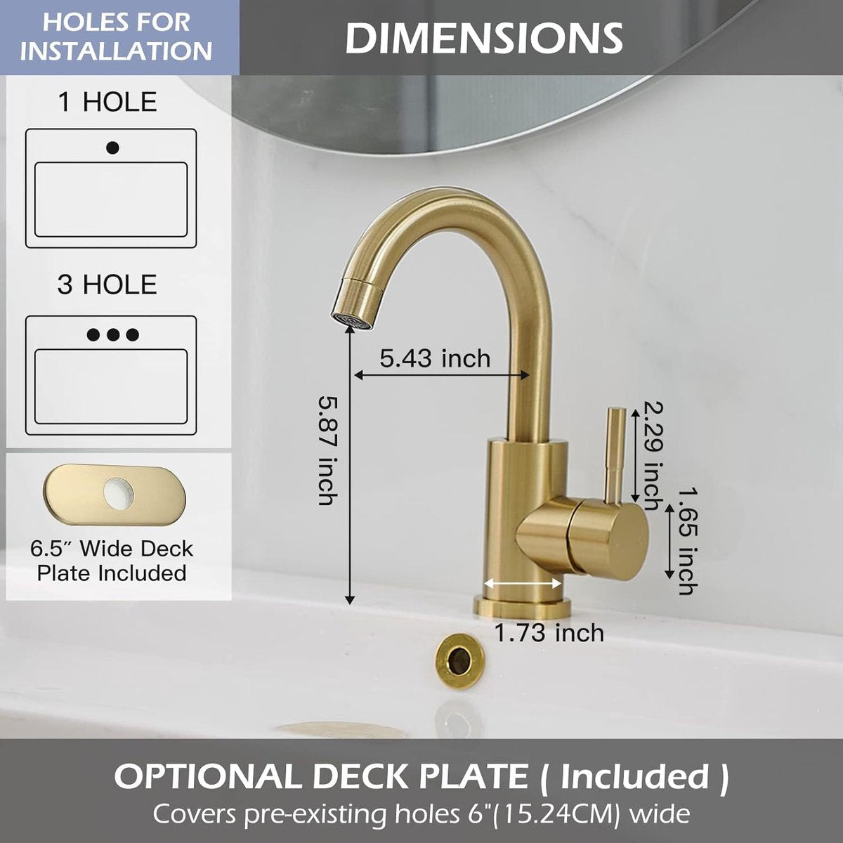 Faucet - Kitchen Faucet - Sink Faucet - 360° Rotatable Mixer Tap - Stainless Steel - Gold - with Cover Plate - for 1-3 Hole Installation - Image 2