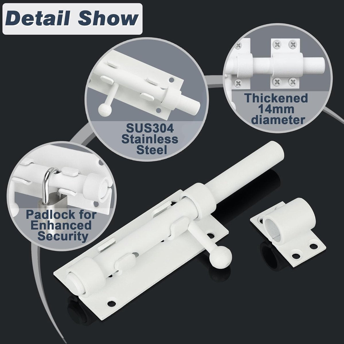 Sliding lock - Sliding lock - Sliding bolt - Gate bolt - Door lock - Bolt - Door bolt - Door lock - Plate bolt - 5 inch - Stainless steel - white - for shed gate storage, garden house door, cupboard - Image 2