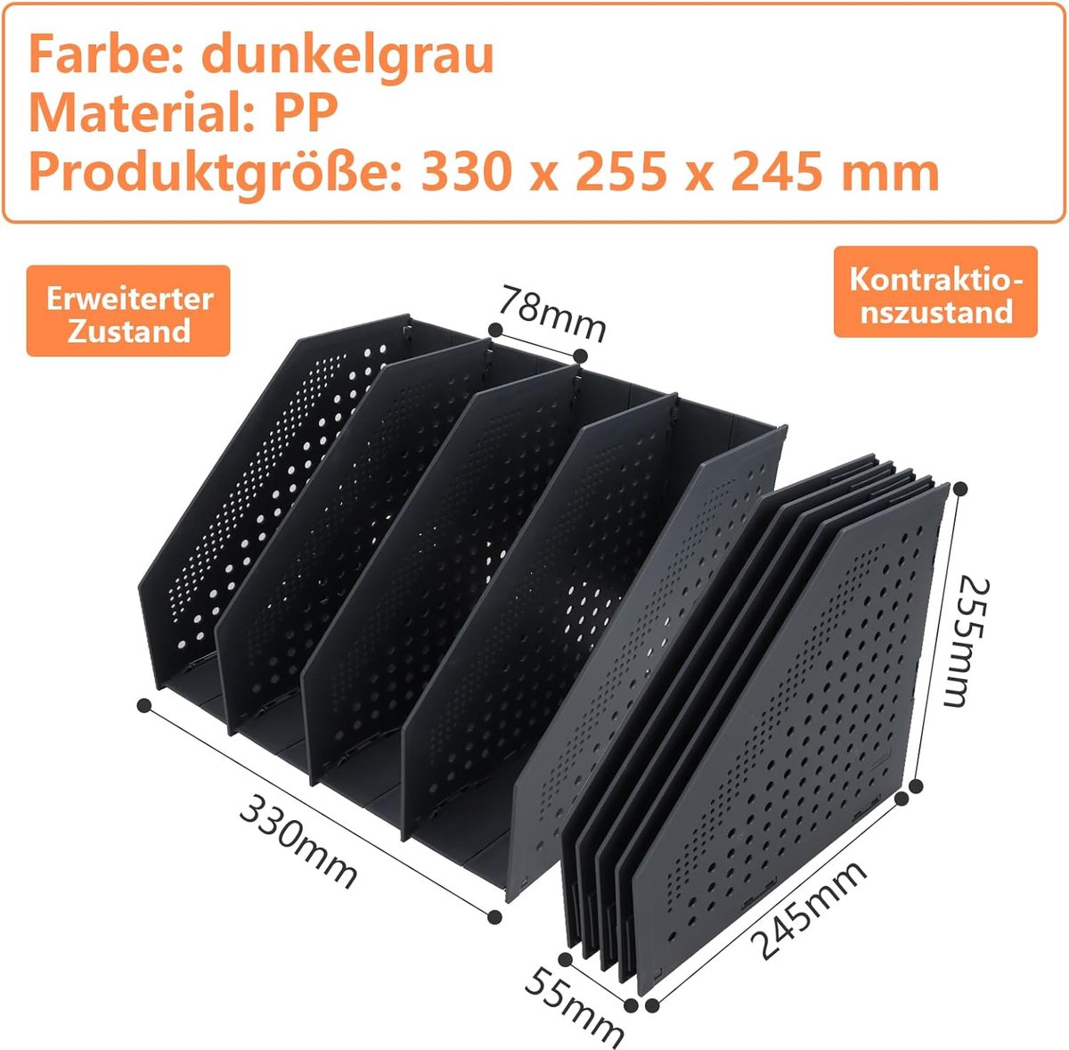 Magazine cassette - 4 compartments - A4 format - desk organizer - Magazine holder - Magazine rack - Newspaper holder - Magazine rack - Magazine holder - Magazine rack - 330 x 255 x 243 mm - Dark gray - foldable - plastic - Image 4