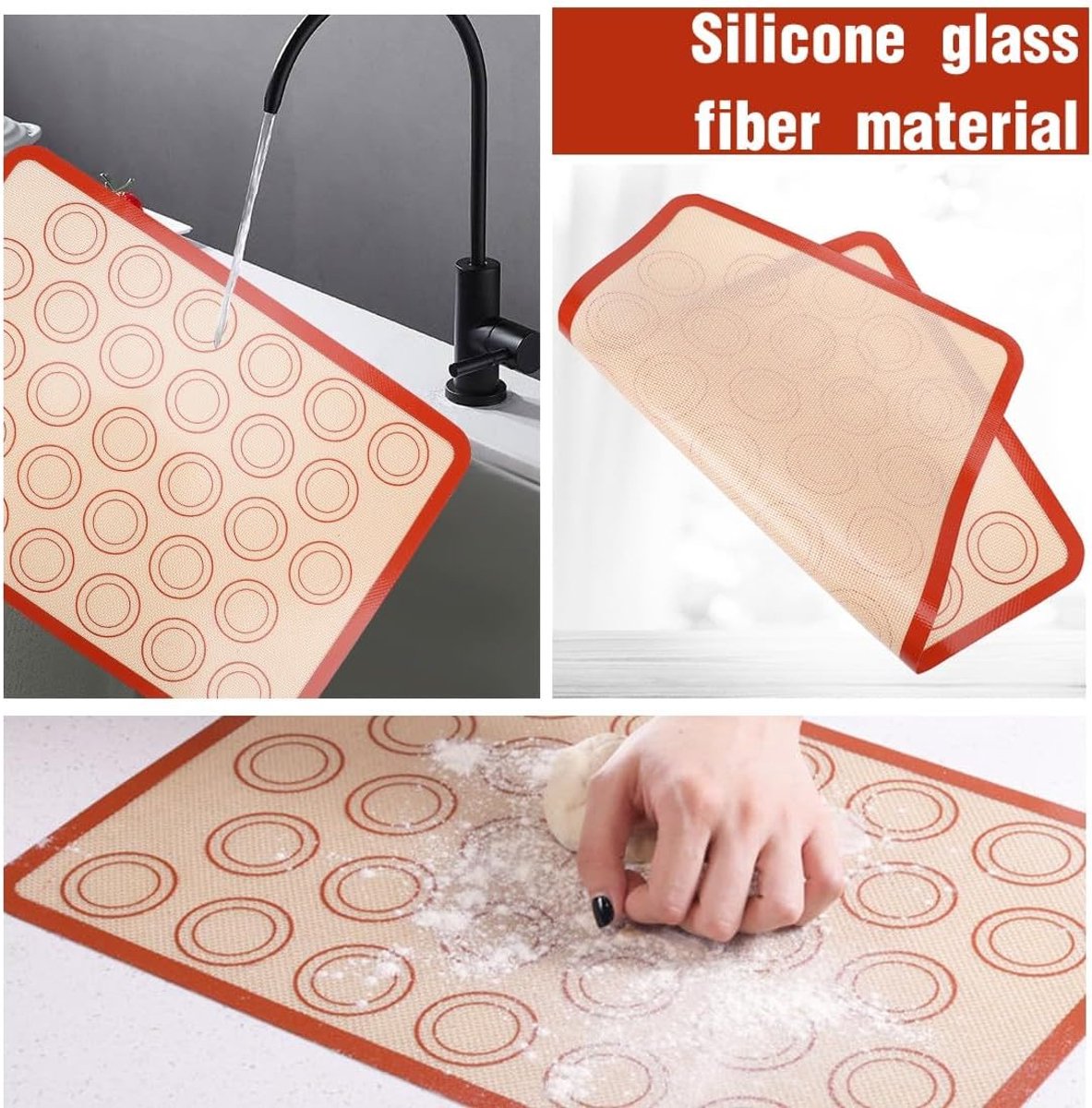 2 pieces Silicone macaron baking mat - 42 x 29.5 cm - Non-stick mat - Non-slip - Washable - Reusable - For making gingerbread / cake / bread - Non-stick silicone macaron baking tray - Red - Image 5