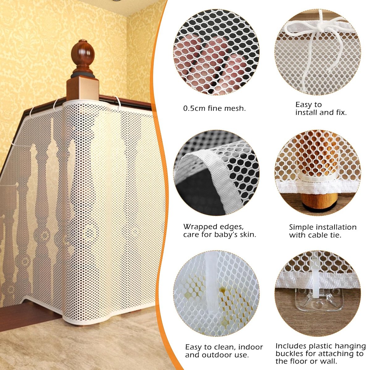 Safety Net - Baby and Animal Safety Gate - 600 x 79 cm - Robust - Adjustable - Baby Safety - Retractable Safety Net - Balcony - Stairs - White - Safety Gate - made of mesh for cats and toys - Image 2