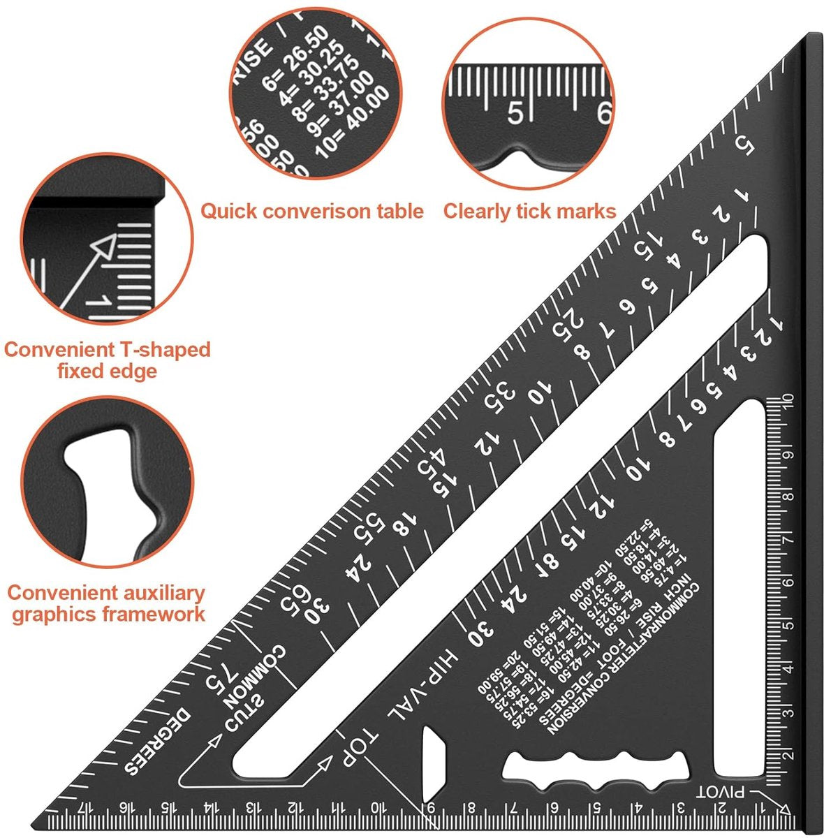 180mm Carpenter's Angle - Aluminum Ruler - Triangular Carpenter's Angle 45/90 Degrees - Carpenter's Square - High Precision Measuring Tool - For Carpenter, Roofer, Engineer - Black - Image 3
