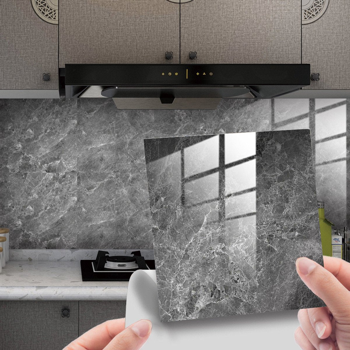 Set of 10 - Tile stickers - Imitation marble retro pattern - 15 x 15 cm - Self-adhesive - Waterproof - Scratch-resistant - PVC - Light gray - Self-adhesive tiles - Kitchen - Bathroom - Image 2