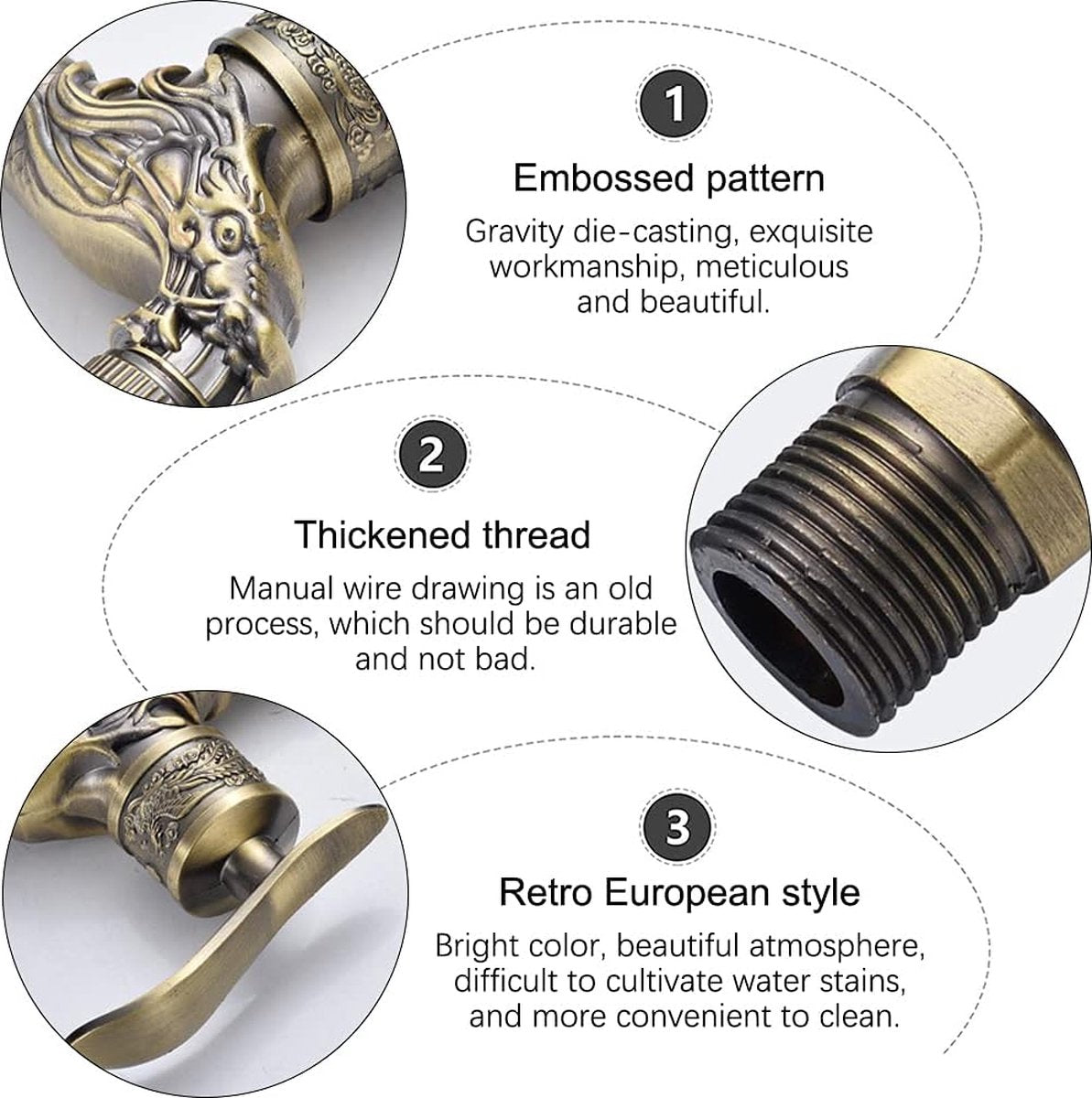 Vintage faucet - antique faucet - wall faucet - garden faucet - 10.5 * 10.8 * 7.3 cm - zinc alloy - bronze - dragon carved faucet - for home, kitchen, bathroom, outdoor, garden - Image 3