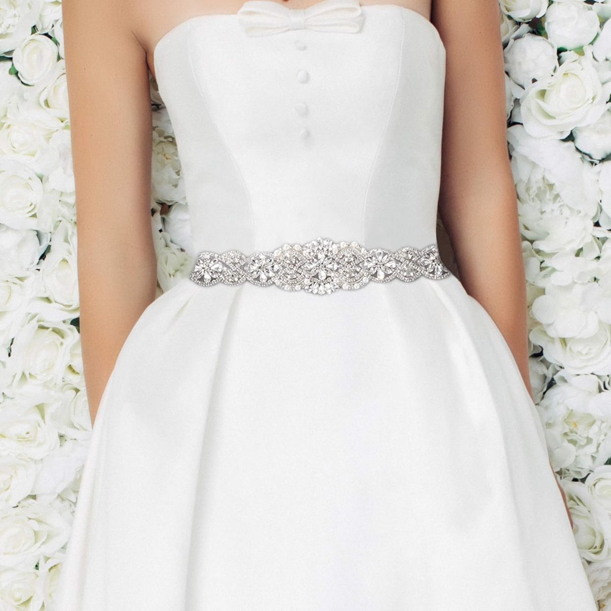 Bridal Belt Hand Rhinestone Wedding Belt Clear Crystal 55cm Long White Organza Ribbon for Wedding Dresses - Silver - Image 3