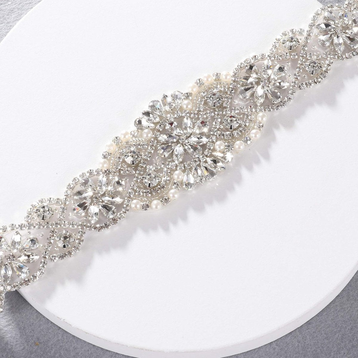 Bridal Belt Hand Rhinestone Wedding Belt Clear Crystal 55cm Long White Organza Ribbon for Wedding Dresses - Silver - Image 4