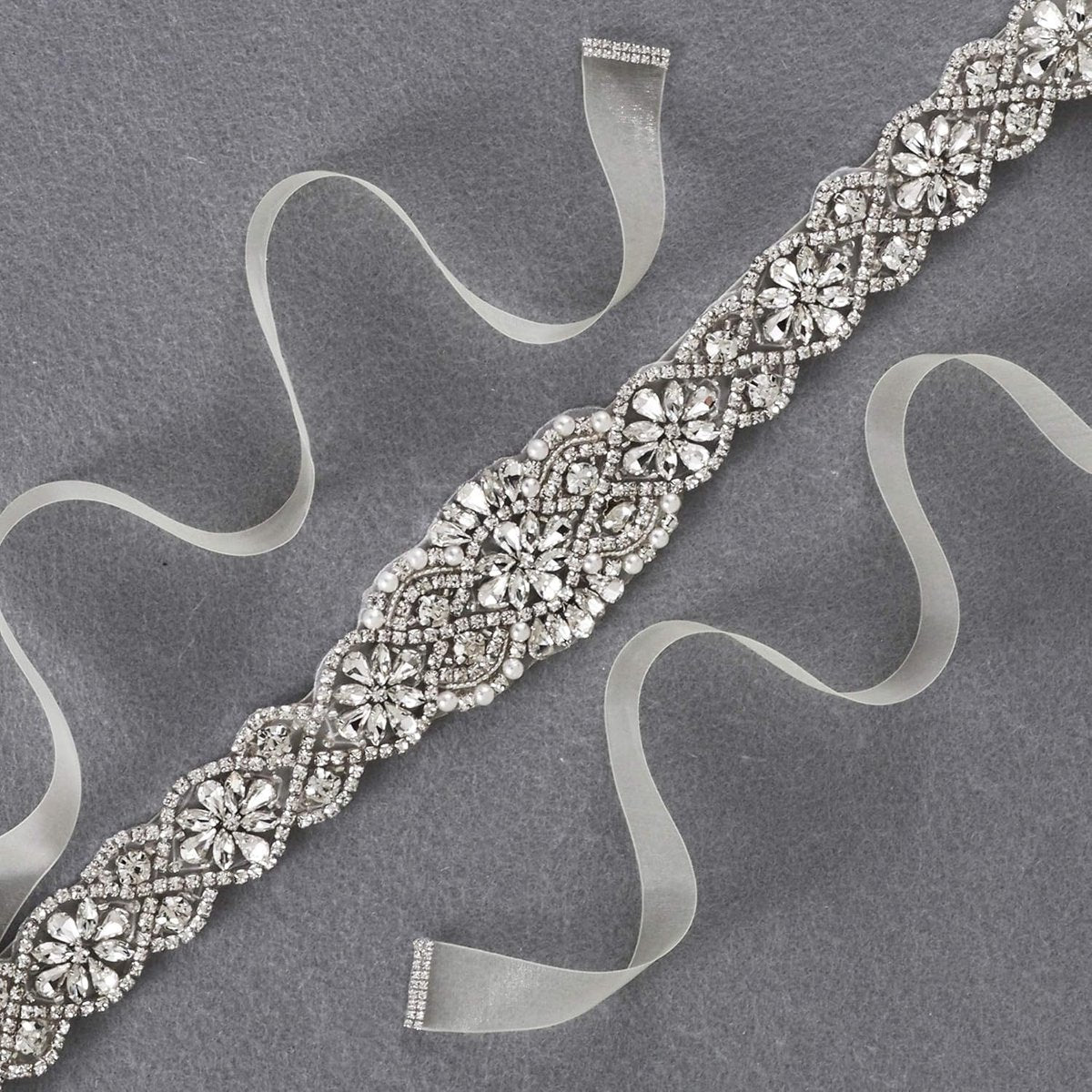 Bridal Belt Hand Rhinestone Wedding Belt Clear Crystal 55cm Long White Organza Ribbon for Wedding Dresses - Silver - Image 5