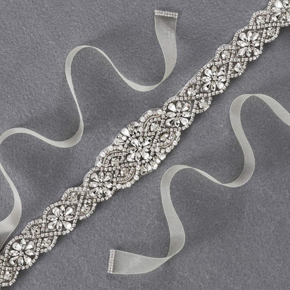 Bridal Belt Hand Rhinestone Wedding Belt Clear Crystal 55cm Long White Organza Ribbon for Wedding Dresses - Silver - Image 5
