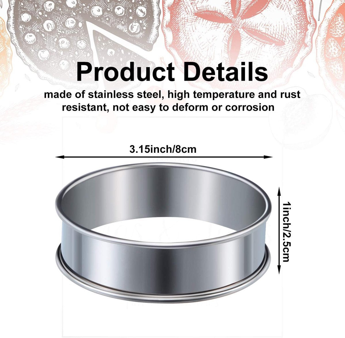 Muffin Rings - 6 Pieces - Cake Rings - Stainless Steel - Round - Non-Stick - Double Curled Edge - Scone Rings - Mousse Ring Cake Mold - Cake Rings - Baking Molds - Suitable for Cakes, Pastries, Cookies and Sandwiches - 8.5*2.5cm - Silver - Image 2