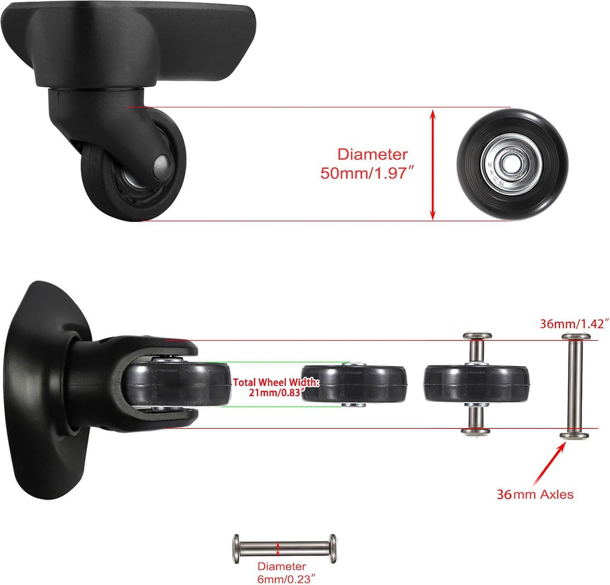 Set of 2 - Suitcase wheels - Replacement wheels for suitcases - Rubber casters - Bearings - Repair kits - 50mm x 18mm - Spare wheels - Suitcase - Casters - Luggage wheels - With screws - Wheels - Caster wheel - Suitcase wheels replacement set - Image 2