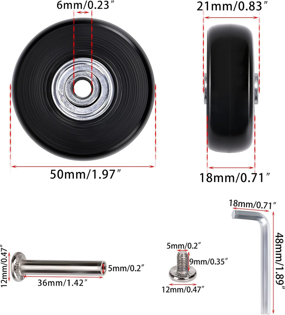 Set of 2 - Suitcase wheels - Replacement wheels for suitcases - Rubber casters - Bearings - Repair kits - 50mm x 18mm - Spare wheels - Suitcase - Casters - Luggage wheels - With screws - Wheels - Caster wheel - Suitcase wheels replacement set - Image 3