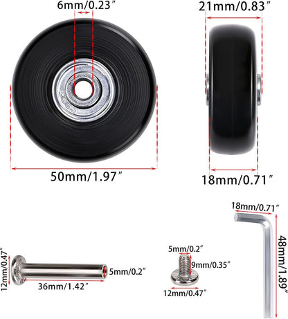 Set of 2 - Suitcase wheels - Replacement wheels for suitcases - Rubber casters - Bearings - Repair kits - 50mm x 18mm - Spare wheels - Suitcase - Casters - Luggage wheels - With screws - Wheels - Caster wheel - Suitcase wheels replacement set - Image 3