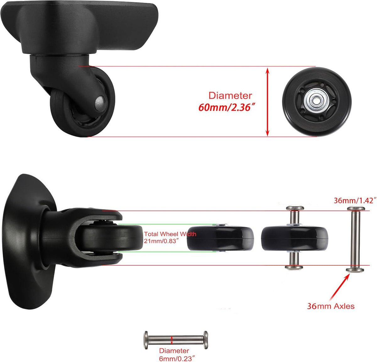 Set of 2 - Suitcase wheels - Replacement wheels for suitcases - Rubber casters - Bearings - Repair kits - 60mm x 18mm - Spare wheels - Suitcase - Casters - Luggage wheels - With screws - Wheels - Caster wheel - Suitcase wheels replacement set - Image 2