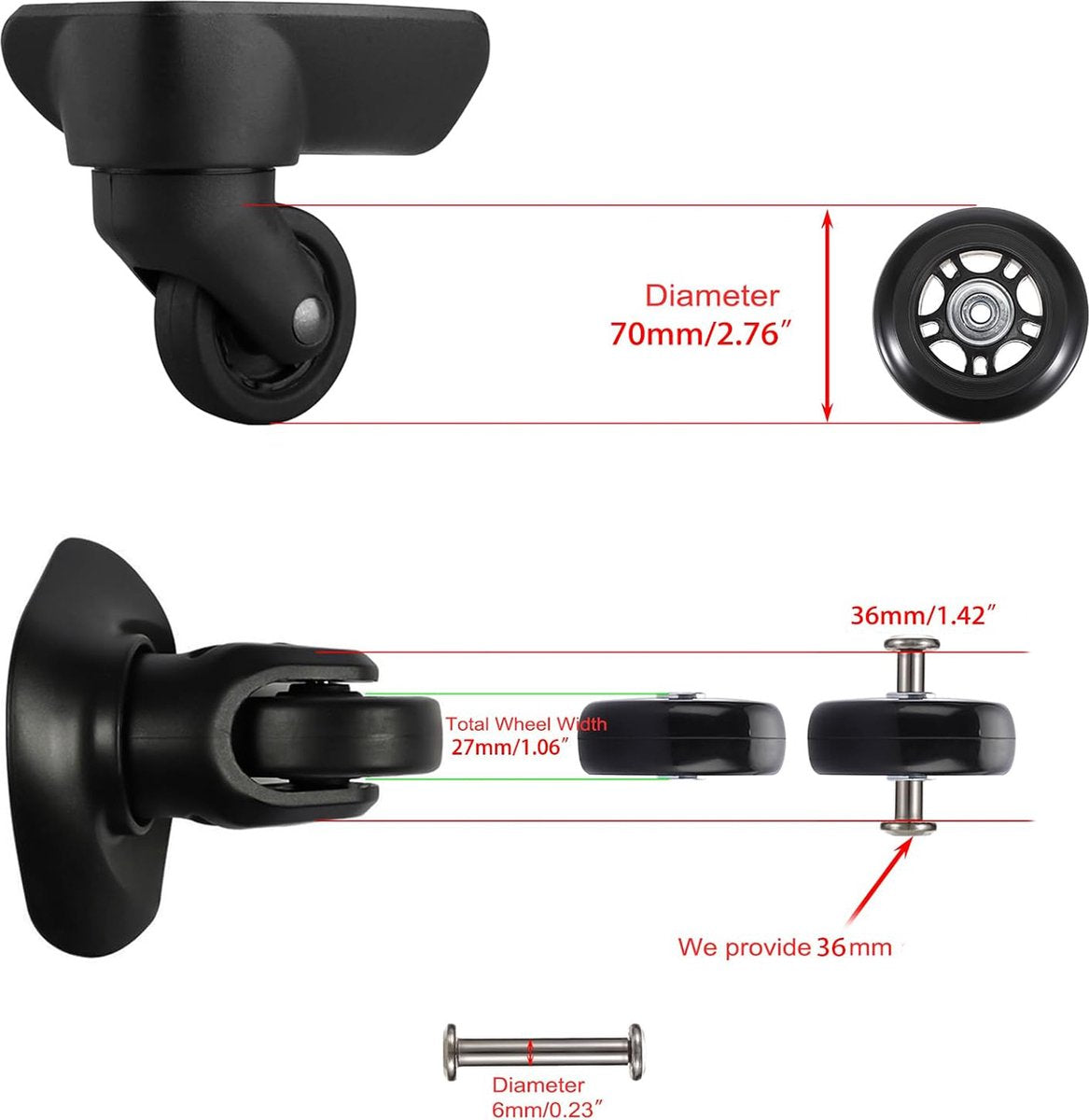 Set of 2 - Suitcase wheels - Replacement wheels for suitcases - Rubber casters - Bearings - Repair kits - 70mm x 24mm - Spare wheels - Suitcase - Casters - Luggage wheels - With screws - Wheels - Caster wheel - Suitcase wheels replacement set - Image 2