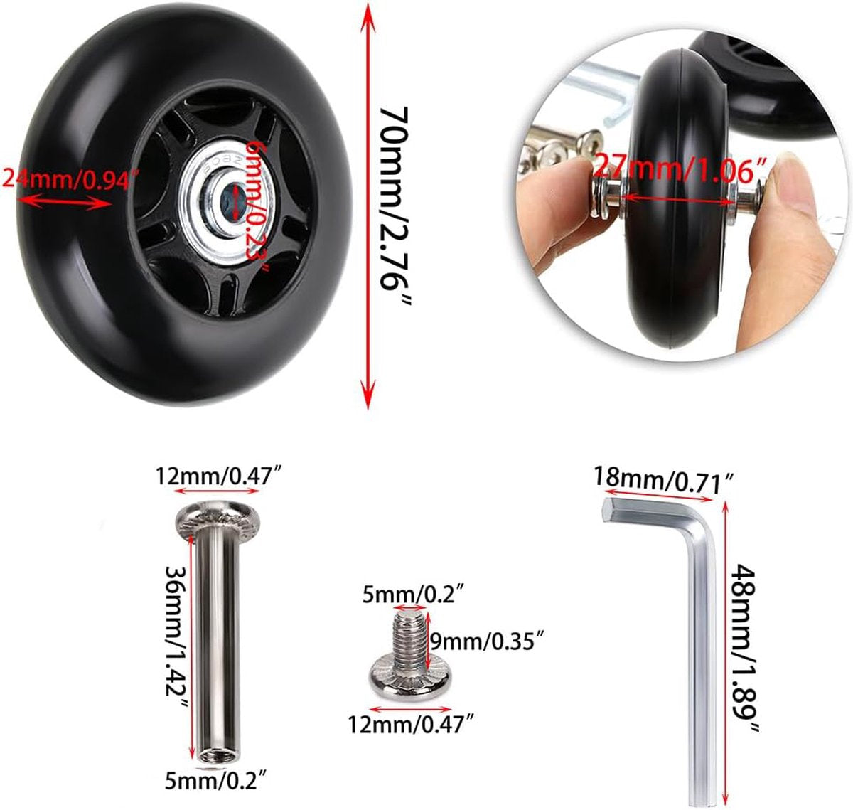 Set of 2 - Suitcase wheels - Replacement wheels for suitcases - Rubber casters - Bearings - Repair kits - 70mm x 24mm - Spare wheels - Suitcase - Casters - Luggage wheels - With screws - Wheels - Caster wheel - Suitcase wheels replacement set - Image 6